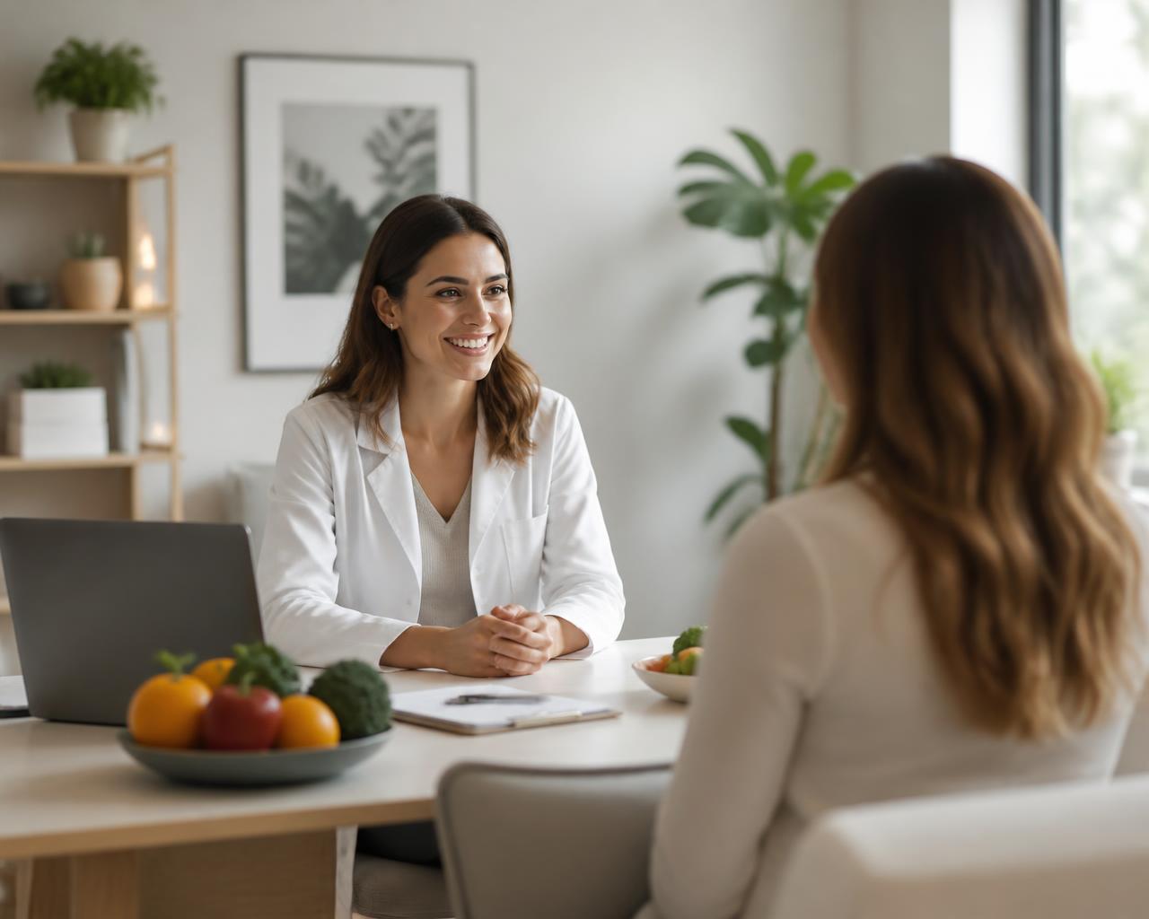 Nutricionista atendendo uma cliente em consultório moderno
